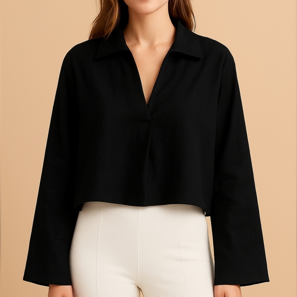 Zara Black Cropped Bell Long Sleeve Deep V Neck Open Collared Top Blouse